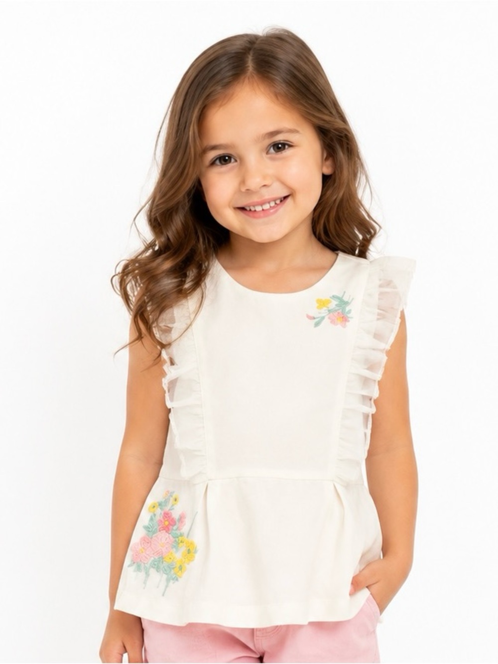 Janie and Jack NEW Girls Cream Ruffle Floral Embroidered Top size 8